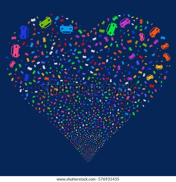 Car fireworks with heart\
shape. Glyph illustration style is flat bright multicolored iconic\
symbols on a blue background. Object love heart created from random\
pictographs.