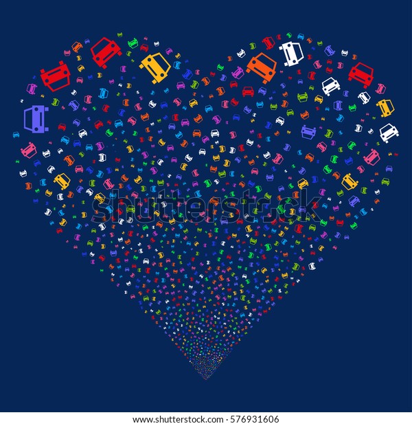 Car fireworks\
with heart shape. Glyph illustration style is flat bright\
multicolored iconic symbols on a blue background. Object love heart\
created from scattered design\
elements.