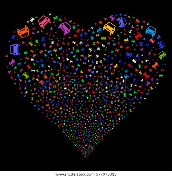 Car fireworks with\
heart shape. Glyph illustration style is flat bright multicolored\
iconic symbols on a black background. Object heart done from\
confetti design\
elements.