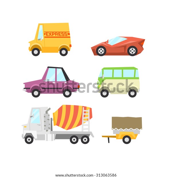 Car Flat Icon Set\
including delivery van, super car, sedan, minivan, concrete mixer\
and hindcarriage