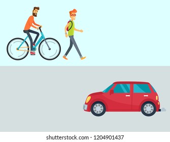 Car Free Day and driving cars disadvantages web page design.  illustration contains auto, pedestrian with backpack and man riding bicycle