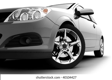 Car Front Bumper, Light And Wheel On White. Detail