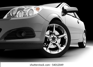 Car Front Bumper, Light And Wheel On Black. Detail