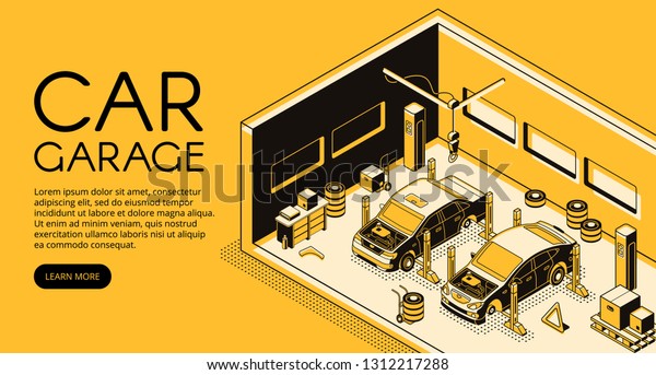 Car garage auto repair mechanic station\
illustration in isometric black thin line design on yellow halftone\
background. Automotive diagnostic service, car lift and tire\
replacement tools