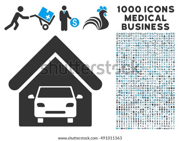 Car Garage icon with 1000 medical commerce\
gray and blue glyph pictograms. Collection style is flat bicolor\
symbols, white\
background.