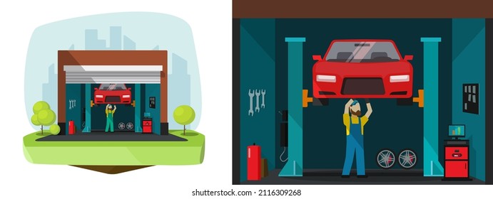 Car Garage Service Shop For Vehicle Or Automobile Repair Maintenance Diagnostics Workshop With Mechanic Man Person Working And Checking Auto Flat Cartoon Illustration Image