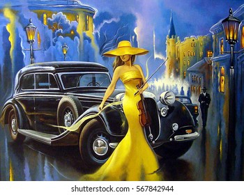 Car and  girl, old city, oil paintings,art