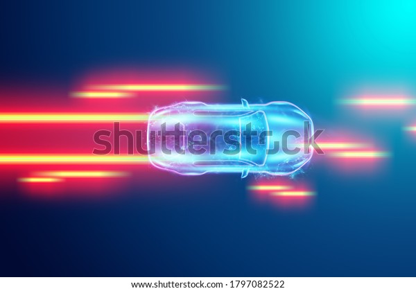 Car hologram light lines,\
automatically detects road and obstacles, scans the road. Transport\
technologies. Copy space. 3D illustration, 3D\
render