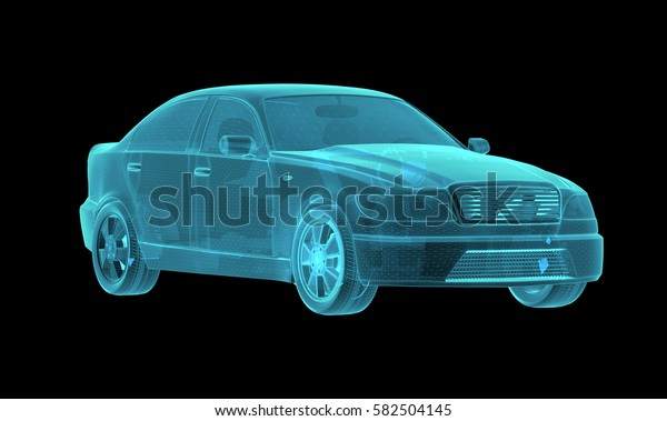 Car\
Hologram Wireframe. 3D Rendering on black\
background