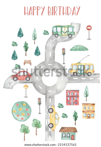 Car, house, road, traffic\
light, trees, road signs, happy birthday boy Watercolor card City\
transport