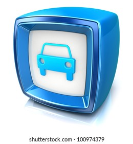 Car Icon On Blue Badge Icon On White Background. 3d Render