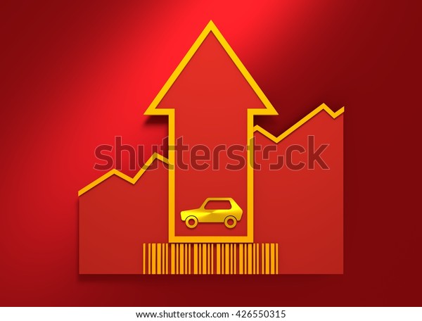 Car i icon and rise up arrow. Growth diagram\
and bar code. 3D\
rendering