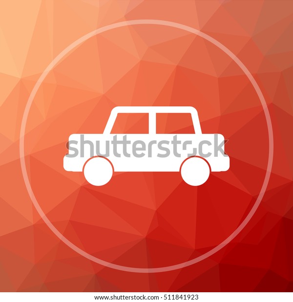 Car icon. Car website button on red low\
poly background.\
