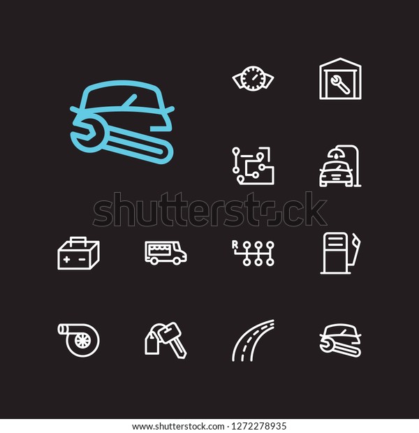 Car icons set. Food truck and car icons with car\
battery, gas station and auto car. Set of model for web app logo UI\
design.