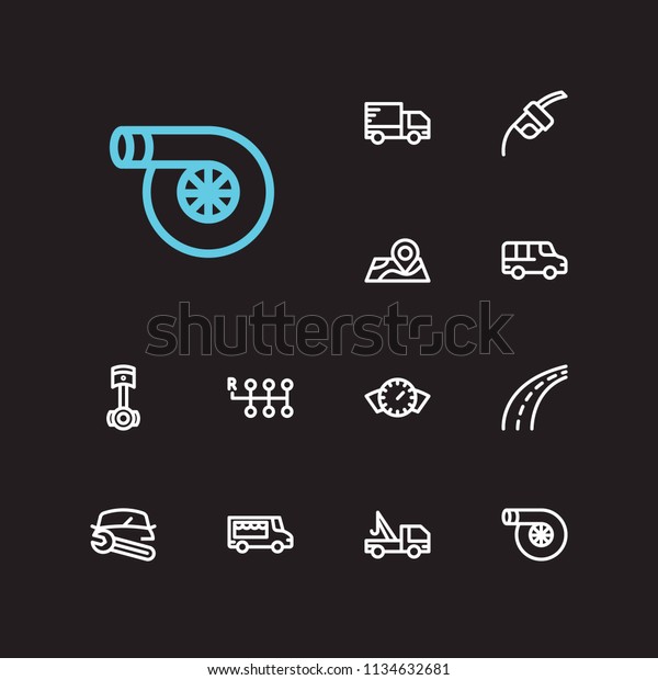 Car icons set. Fuel pump and car icons with food\
truck, van and roadside tow. Set of wrench for web app logo UI\
design.