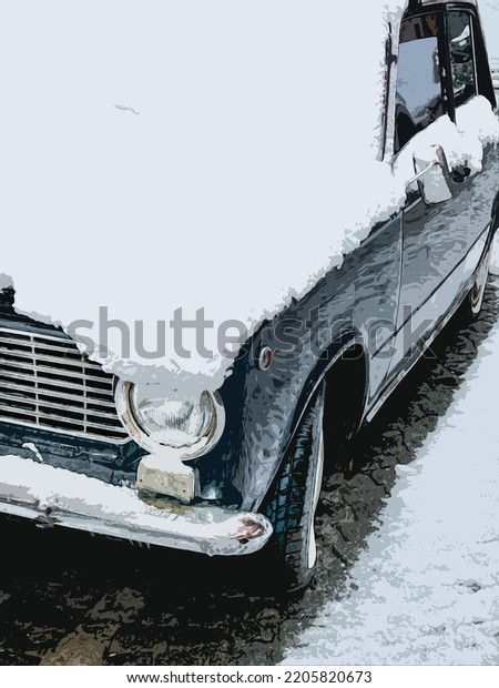 car,\
illustration of retro classic car under snow in winter. illustrated\
vehicle and winter concept background or surface\
