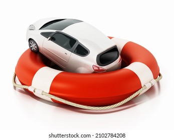 Car Inside Life Buoy Isolated On White Background. Insurance And Safety Concept. 3D Illustration.