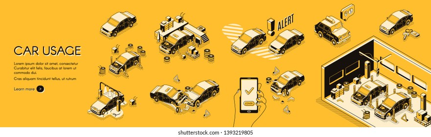 Car Insurance Company Horizontal Web Banner Or Poster With Cars On Repair Or Diagnostics, Wash Service And Crushed In Accident Illustration. Ownership Risks, Cost Of Use Line Art Infographics