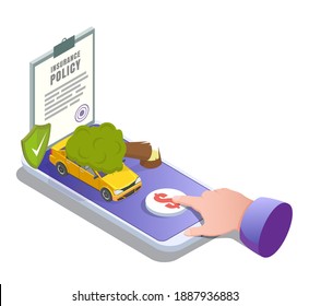 Car Insurance Online, Illustration. Smartphone With Auto Insurance Policy, Shield, Car Damaged By Fallen Tree, Finger Tapping Buy Button. Isometric Composition For Poster, Banner, Website Page.