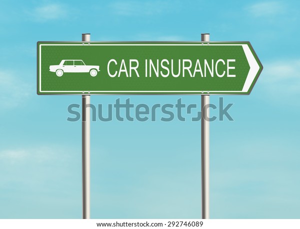 Car insurance. Road sign\
with the issue of insurance on the sky background. Raster\
illustration.