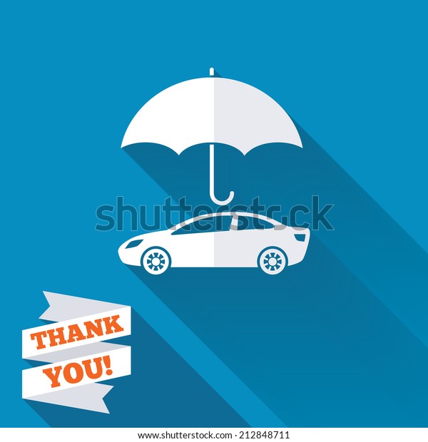 Car\
insurance sign icon. Protection symbol. White flat icon with long\
shadow. Paper ribbon label with Thank you\
text.