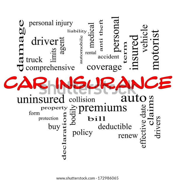 Car Insurance Word\
Cloud Concept in red caps with great terms such as auto, claims,\
coverage, bill and\
more.