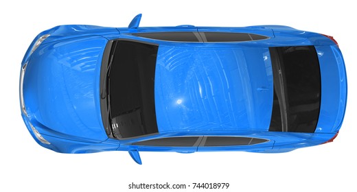 Car Isolated On White - Blue Paint, Tinted Glass - Top View - 3d Rendering