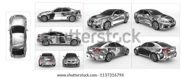 car isolated on white - chrome,\
tinted glass - collection of all characteristic views - top, front,\
back, side, separated with borders - 3d\
rendering