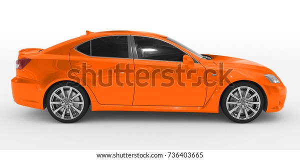 car isolated on white - orange paint, tinted\
glass - right side view - 3d\
rendering