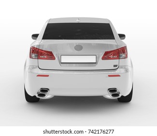 Car Isolated On White - White Paint, Tinted Glass - Back View - 3d Rendering