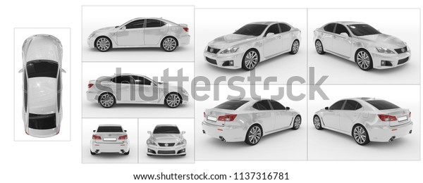 car isolated on white - white\
paint, tinted glass - collection of all characteristic views - top,\
front, back, side, separated with borders - 3d\
rendering
