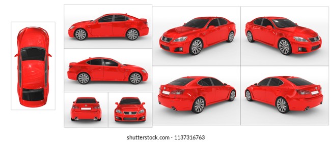 Car Isolated On White - Red Paint, Tinted Glass - Collection Of All Characteristic Views - Top, Front, Back, Side, Separated With Borders - 3d Rendering