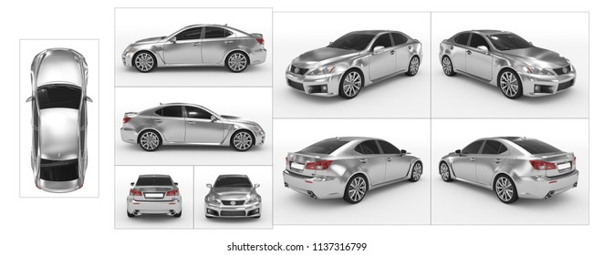 Car Isolated On White - Silver, Tinted Glass - Collection Of All Characteristic Views - Top, Front, Back, Side, Separated With Borders - 3d Rendering