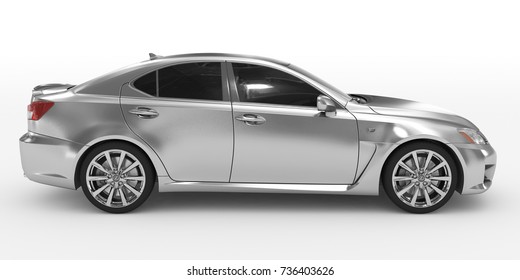 Car Isolated On White - Silver, Tinted Glass - Right Side View - 3d Rendering