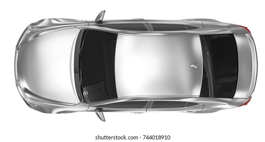 Car Isolated On White - Silver, Tinted Glass - Top View - 3d Rendering