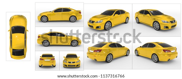 car isolated on white - yellow\
paint, tinted glass - collection of all characteristic views - top,\
front, back, side, separated with borders - 3d\
rendering