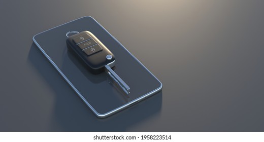 Car Key. Auto Remote Control, Flip Key On A Mobile Phone, Black Background. Vehicle Engine Start, Doors And Trunk Open And Close. Access Technology App. 3d Illustration.