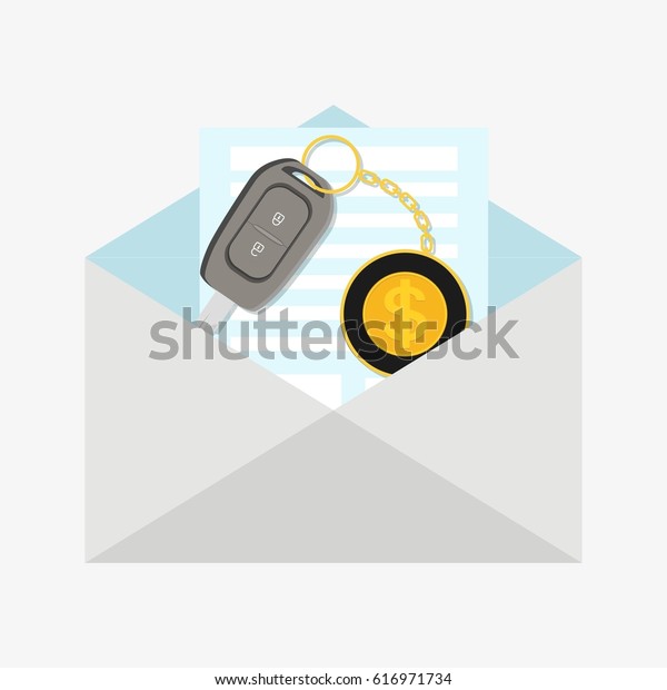 Car key with dollar trinket in envelope.
Flat  illustration isolated on white
background