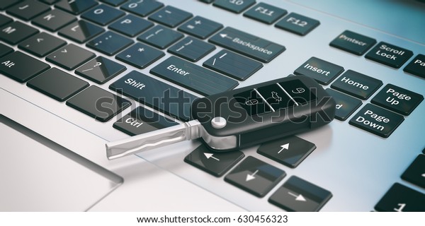 Car key on a\
computer keyboard. 3d\
illustration