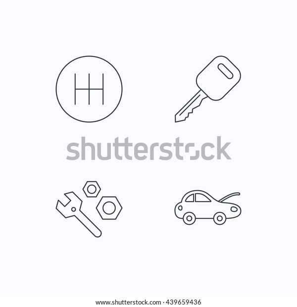 Car key, repair tools and manual gearbox icons. Car\
repair, transmission linear signs. Flat linear icons on white\
background. 