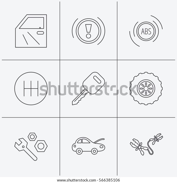 Car key, repair tools and manual gearbox icons. Wheel,\
warning ABS and battery terminal linear signs. Linear icons on\
white background. 