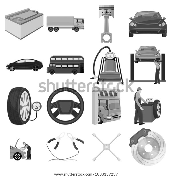 Car, lift, pump and other equipment\
monochrome icons in set collection for design. Car maintenance\
station raster, bitmap symbol stock illustration\
web.