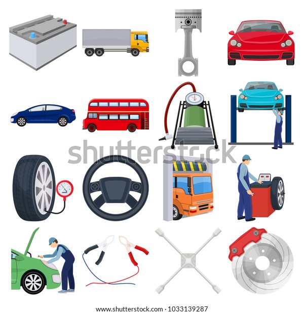 Car, lift, pump and other equipment\
cartoon icons in set collection for design. Car maintenance station\
raster, bitmap symbol stock illustration\
web.