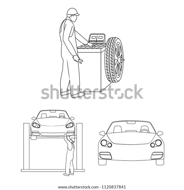 Car, lift, pump and other equipment outline icons in\
set collection for design. Car maintenance station bitmap symbol\
stock illustration\
web.
