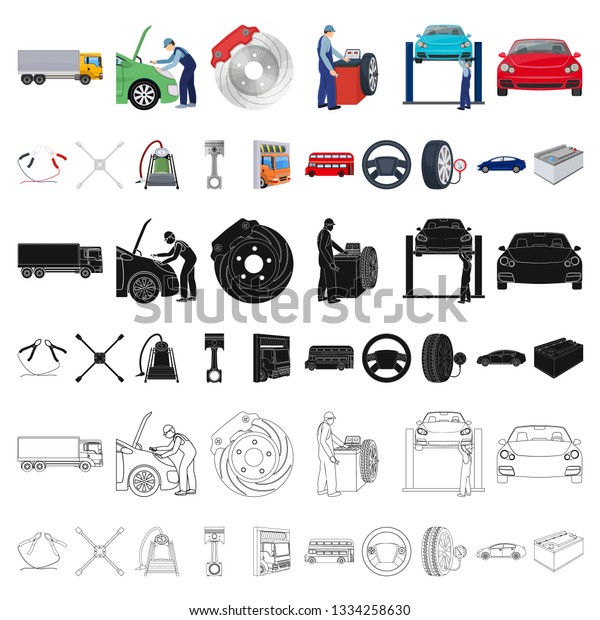 Car, lift, pump and other equipment cartoon icons in\
set collection for design. Car maintenance station bitmap symbol\
stock illustration\
web.