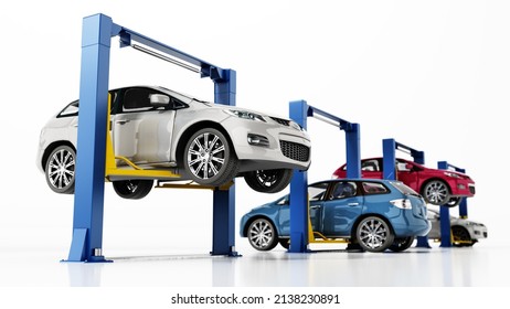Car lifts isolated on white background. 3D illustration.