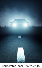 Car Lights Seen From The Front On A Dark Eerie Misty Night And Approaching On A Striped Asphalt Road (3D Render)