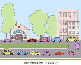 Car Line Near School Building Illustration/ Drop Off Pick Up Car Line To School/ School Building And Car Line Cartoon Image 