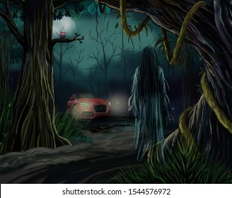 The Car Lost In The Haunted Jungle Illustration