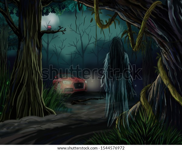 The car lost\
in the haunted jungle\
illustration